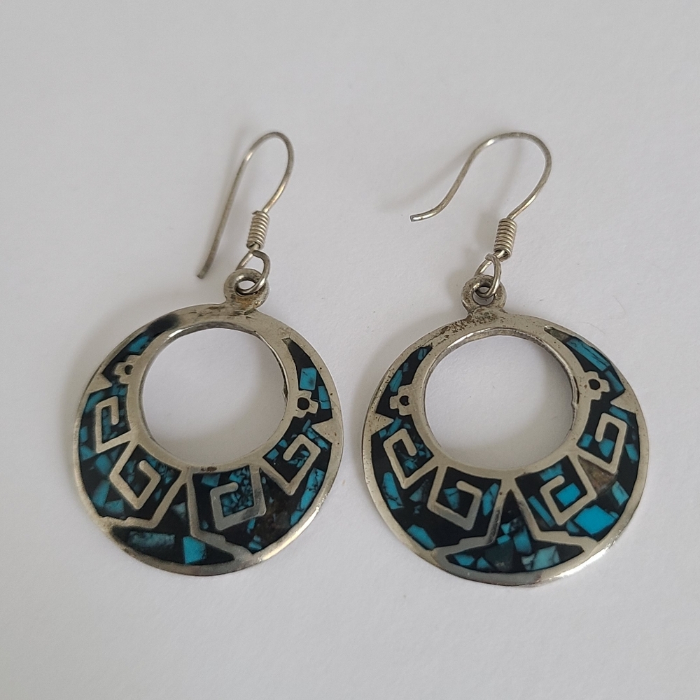 Vintage Sterling Silver Boho Western Mexico Turquoise Inlay Round Drop Earrings